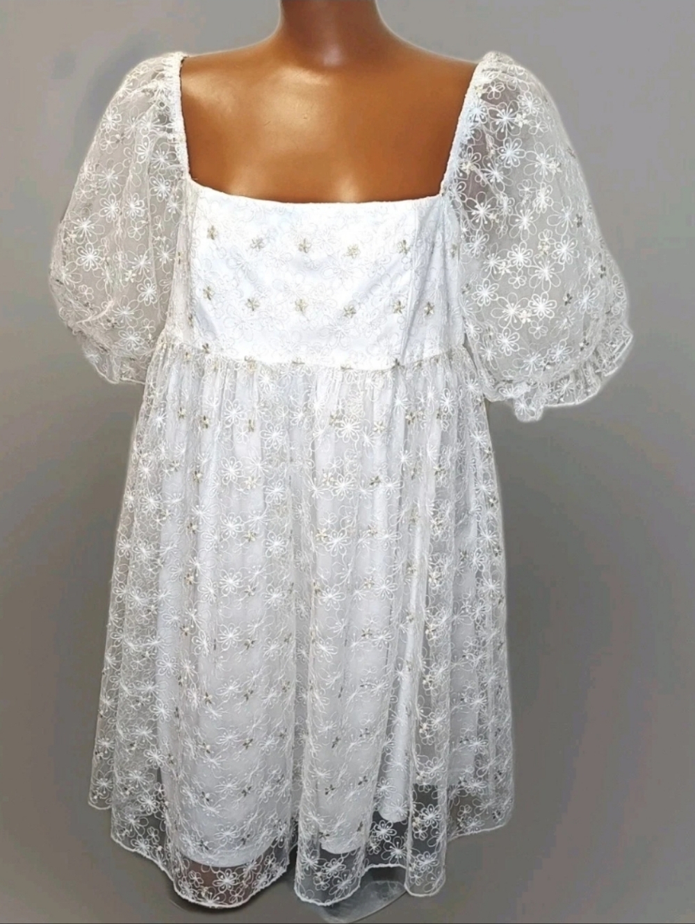 Altered State Fairy Mini Dress XL White Lace Green Floral Embroidered Whimisical